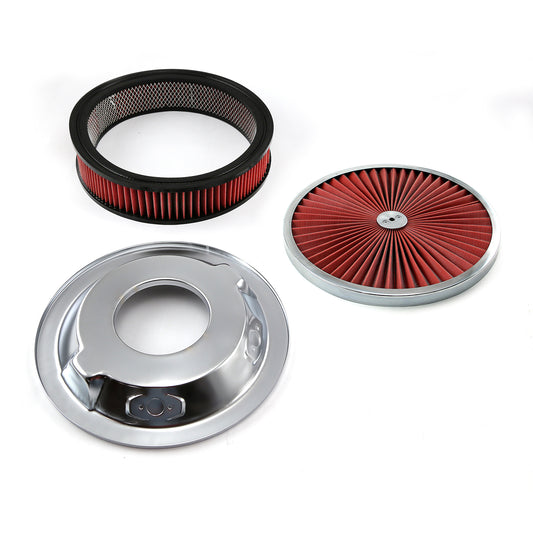 Kit de filtro de aire de 14" x 3" con elemento lavable Extreme Top y base abatible con anillo cromado