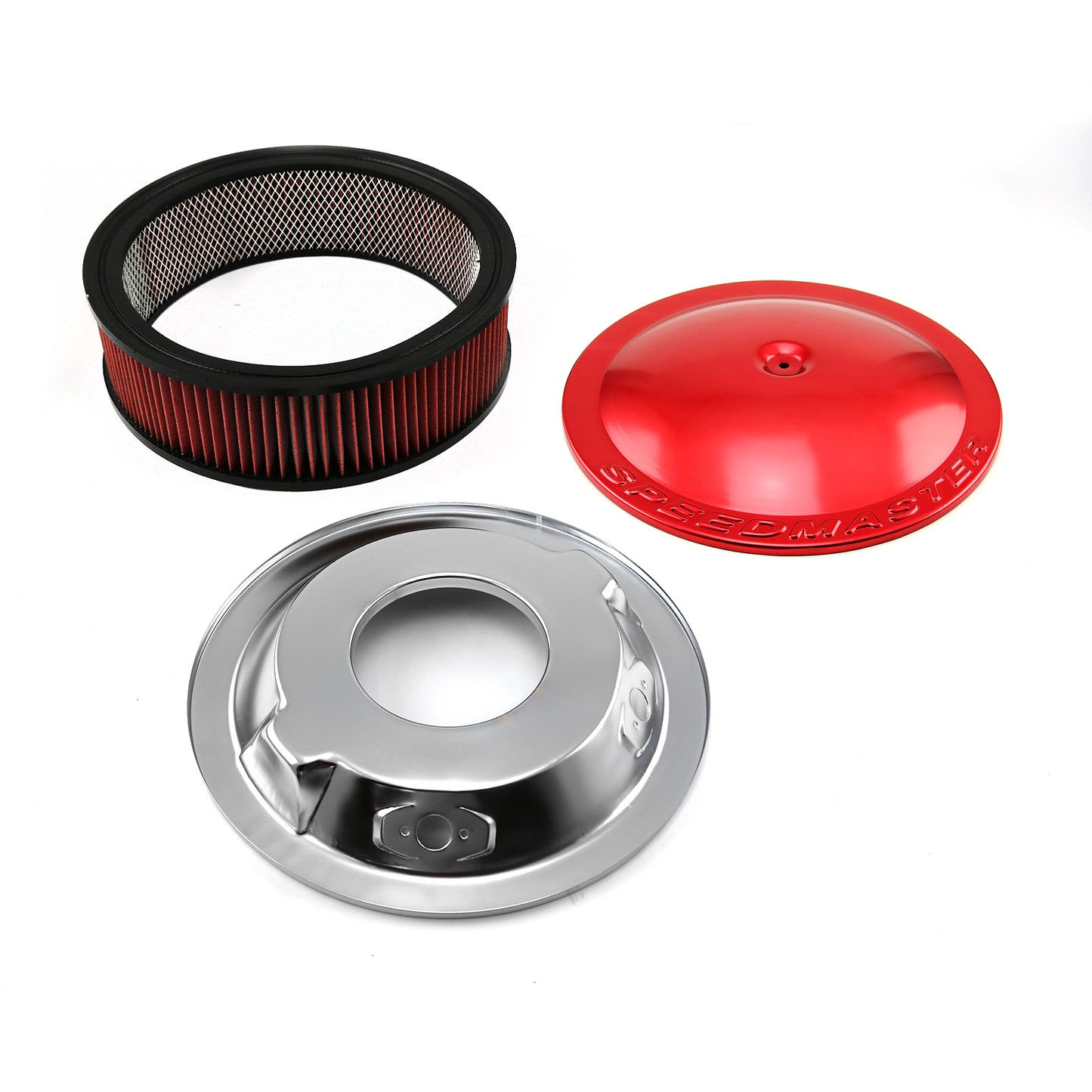 Filtro de aire de aluminio con base abatible y elemento lavable de 14" x 4", color rojo