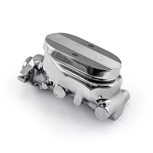 Cilindro maestro de freno universal GM de aluminio con aletas superior, cromado (diámetro interior de 1,125")