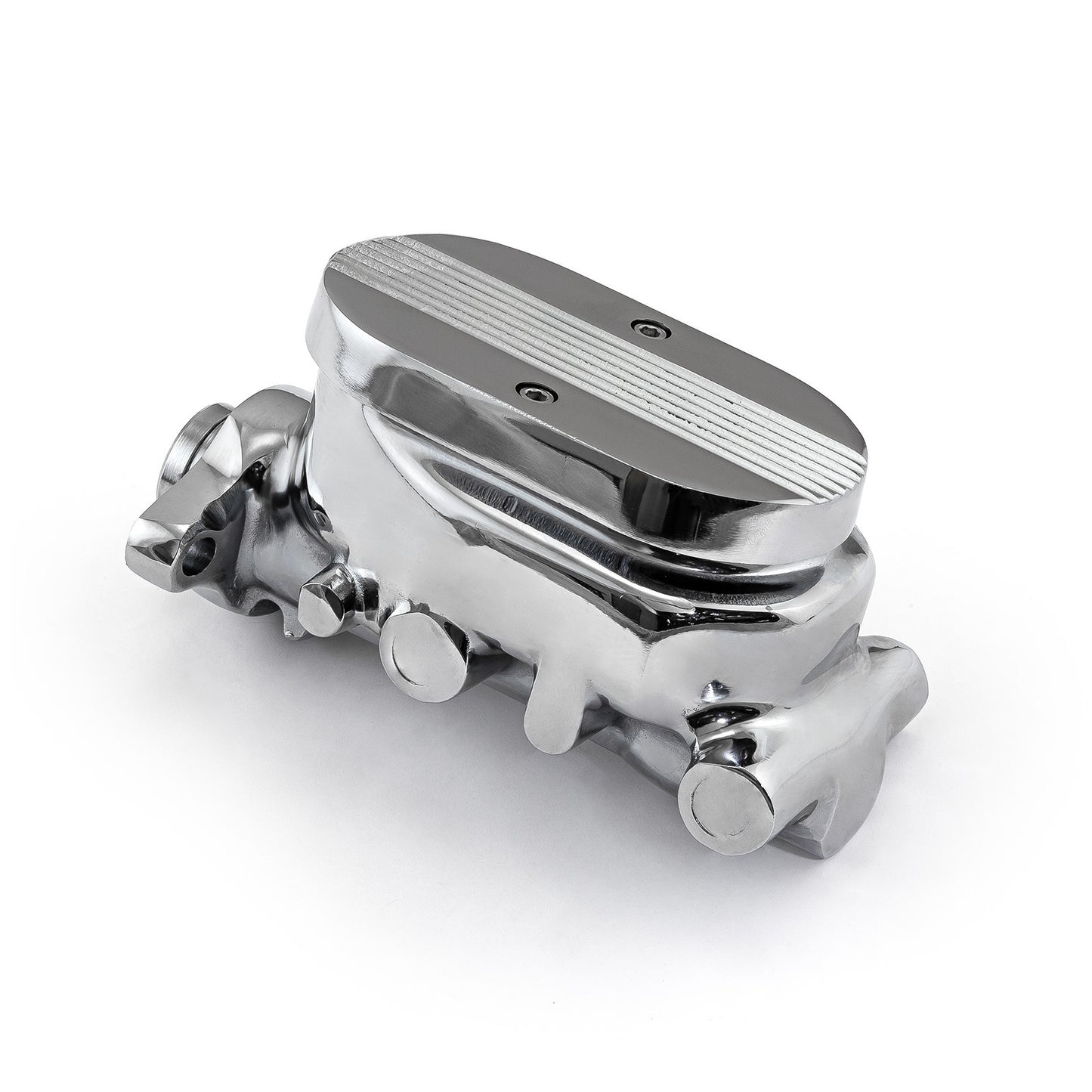 Cilindro maestro de freno universal GM de aluminio con aletas superior, cromado (diámetro interior de 1,125")