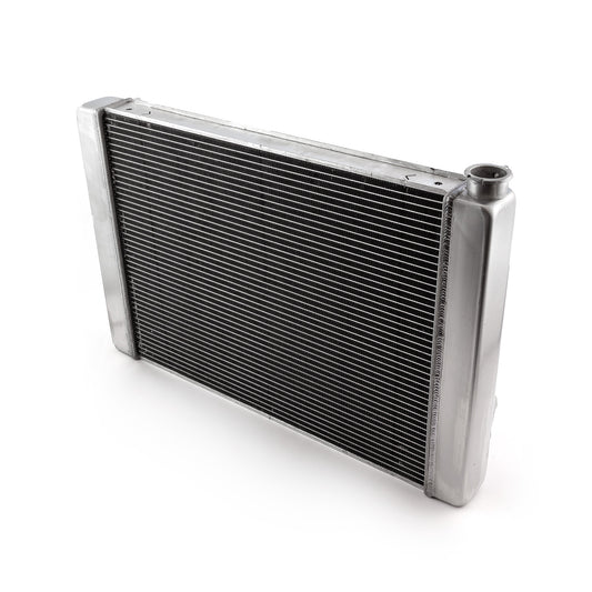 Radiador de aluminio Ford Mopar 29x19x2.2 (salidas TR-BL) sin tapón de drenaje satinado