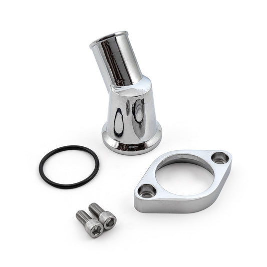 Carcasa de termostato de aluminio con cuello de agua cromado para Chevy SBC 350 con giro de 45 grados