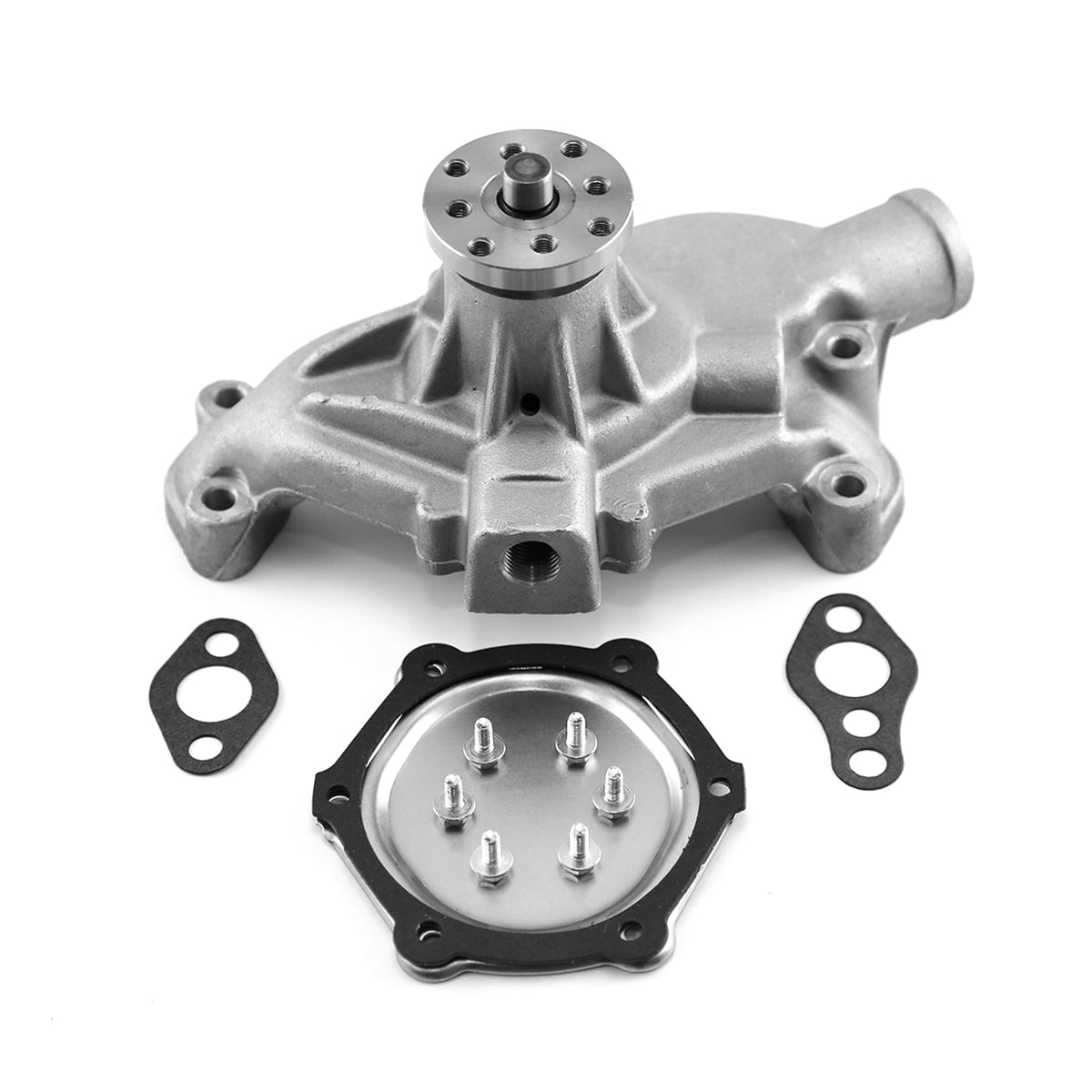 Bomba de agua corta de aluminio con impulsor recto Chevy SBC 350 HV, satinada