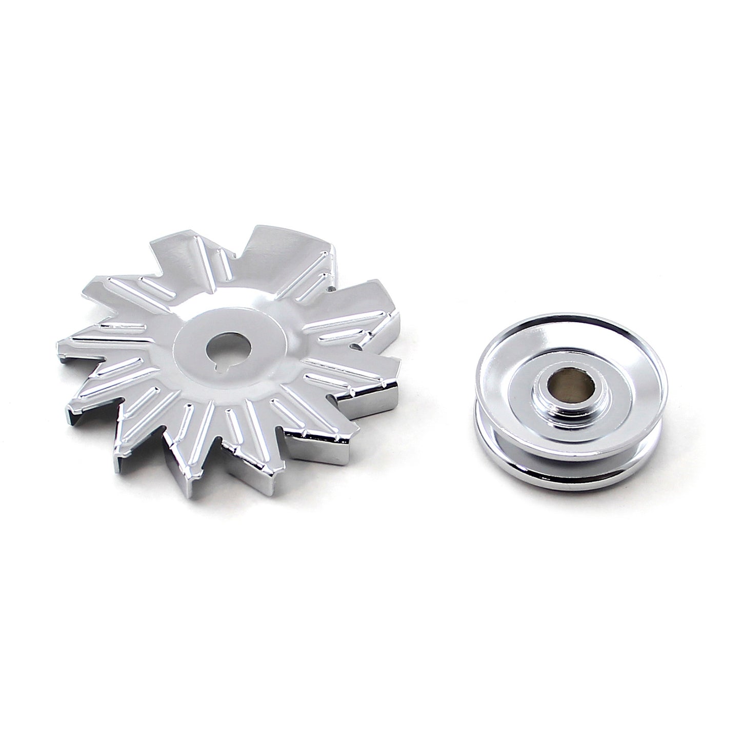 Universal Chevy Ford Single Groove Alternator Pulley and Fan Kit Chrome