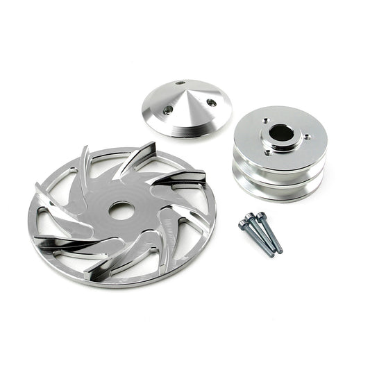 Kit de polea y ventilador de alternador universal con ranura en V doble y palanquilla plateada para Chevy Ford