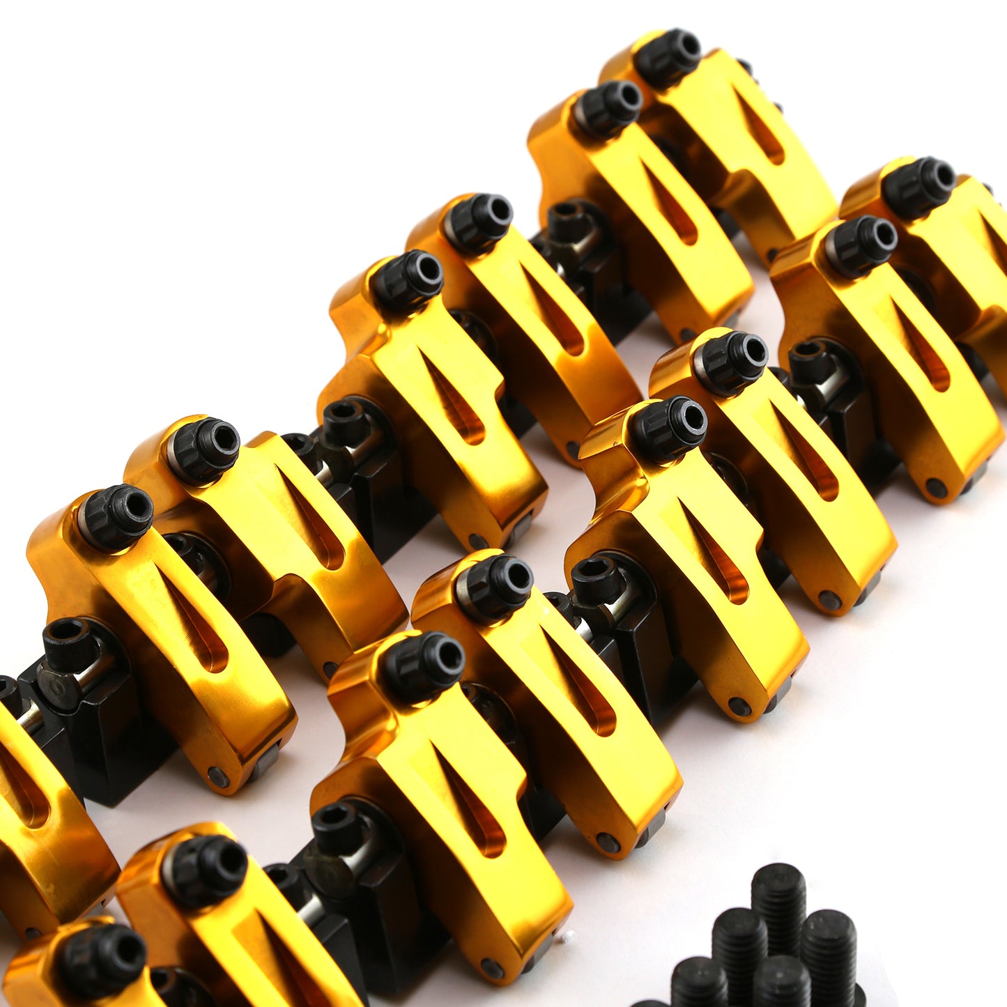 Brazos basculantes de rodillos de montaje en eje Chevy SBC 350 de 15 grados y 1,6 pulgadas, 0,450 pulgadas de interior y 0,180 pulgadas de exterior.