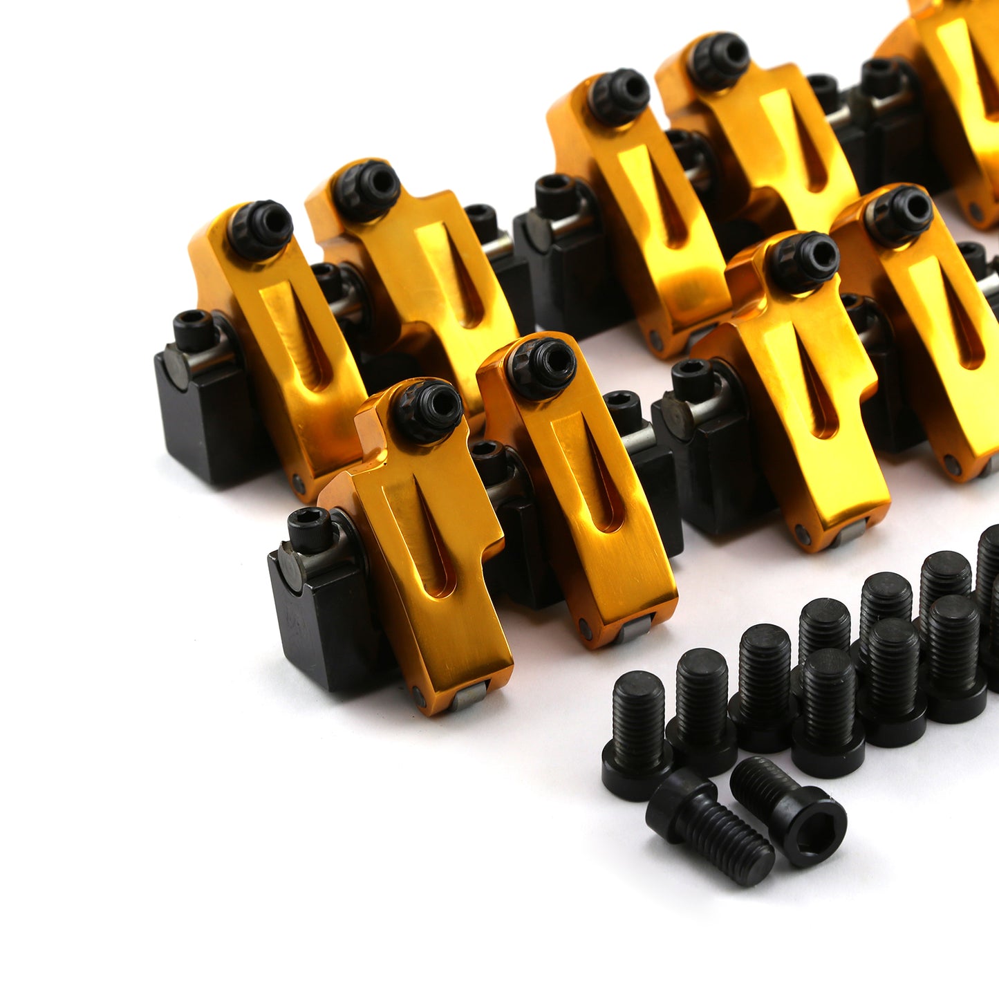 Brazos basculantes de rodillos de montaje en eje Chevy SBC 350 de 15 grados y 1,6 pulgadas, 0,450 pulgadas de interior y 0,180 pulgadas de exterior.