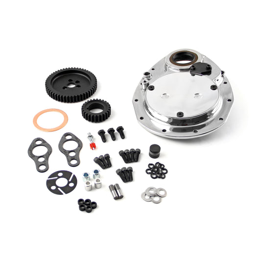 Chevy SBC 350 Single Idler Noisey Timing Gear Drive & Aluminum Timing Cover Set