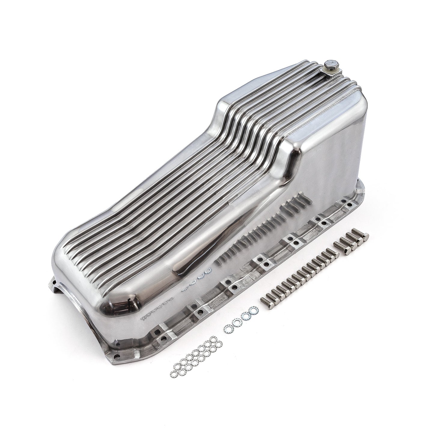 Cárter de aceite de aluminio pulido con aletas para Chevy SBC 350 (2 piezas, 1955-79, lado D)