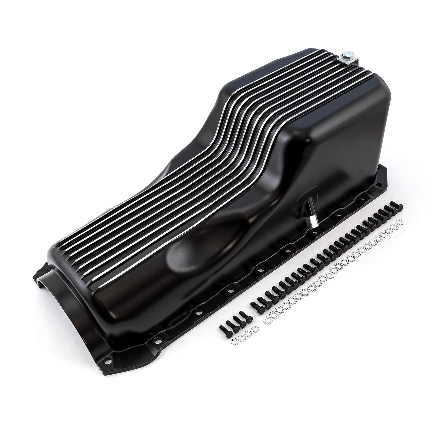 Cárter de aceite de aluminio con aletas negras para Chevy BBC 454 de 2 piezas, 4.ª generación, 1965-1990