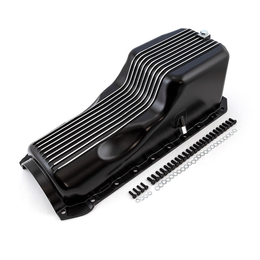 Cárter de aceite de aluminio con aletas negras para Chevy BBC 454 de 2 piezas, 4.ª generación, 1965-1990