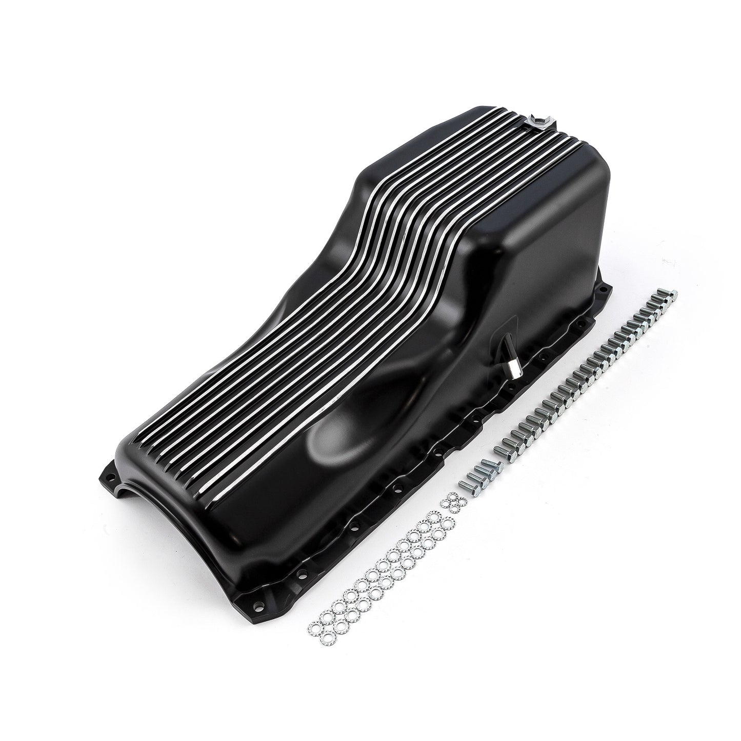 Cárter de aceite de aluminio con aletas negras para Chevy BBC 454, 1 pieza, finales de generación 5 y 6, 1991 en adelante