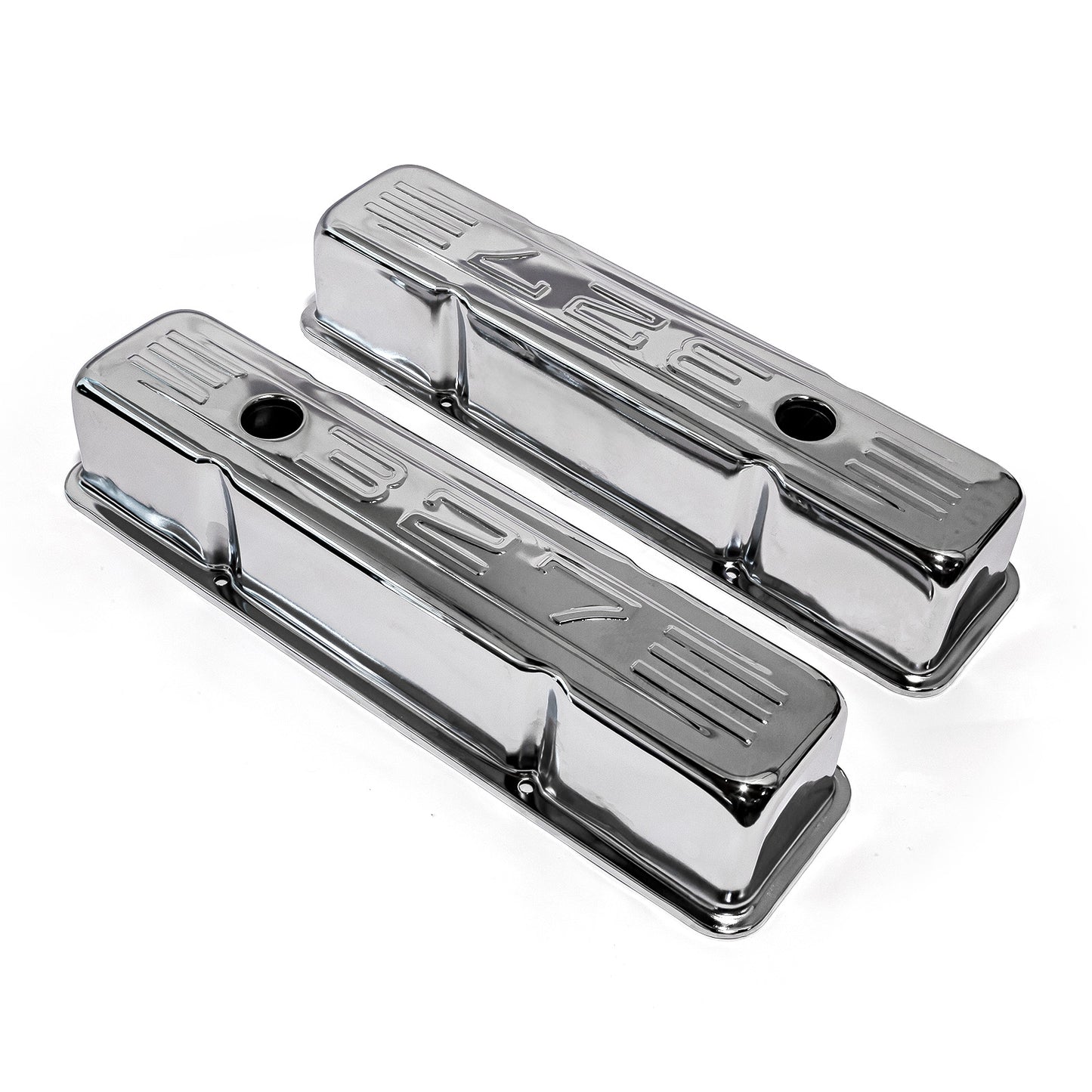 Tapas de válvulas de acero cromadas "327 Stamped" para Chevy SBC 350 - Altas con orificio deflector