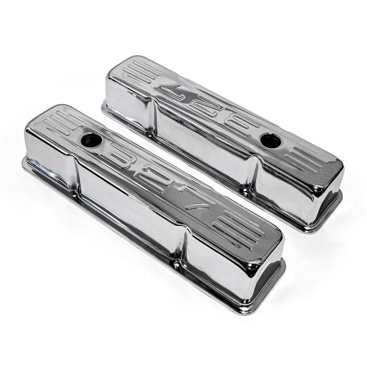 Chevy SBC 350 Chrome "327 Stamped" Steel Valve Covers - Tall w/ Baffled Hole
