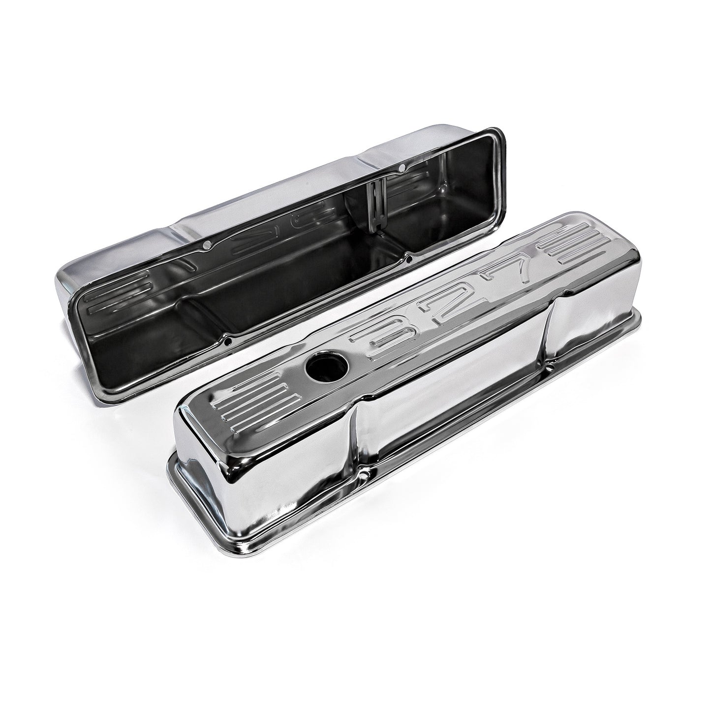 Tapas de válvulas de acero cromadas "327 Stamped" para Chevy SBC 350 - Altas con orificio deflector