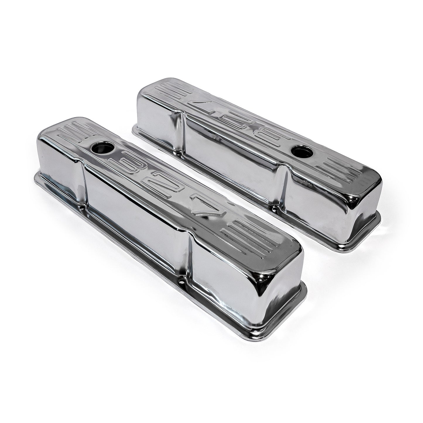 Chevy SBC 350 Chrome "327 Stamped" Steel Valve Covers - Tall w/ Baffled Hole