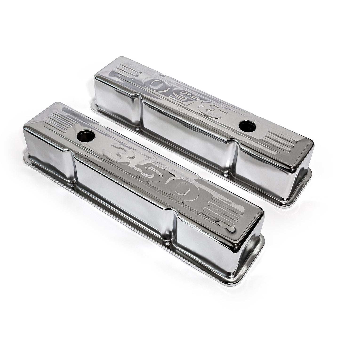Chevy SBC 350 Chrome "350 Stamped" Steel Valve Covers - Tall w/ Baffled Hole