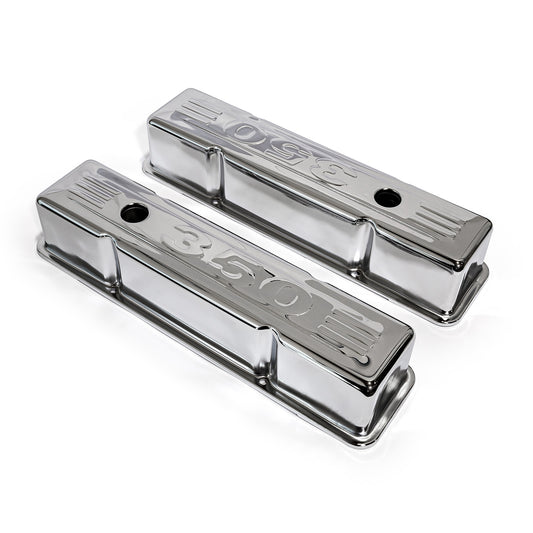 Chevy SBC 350 Chrome "350 Stamped" Steel Valve Covers - Tall w/ Baffled Hole
