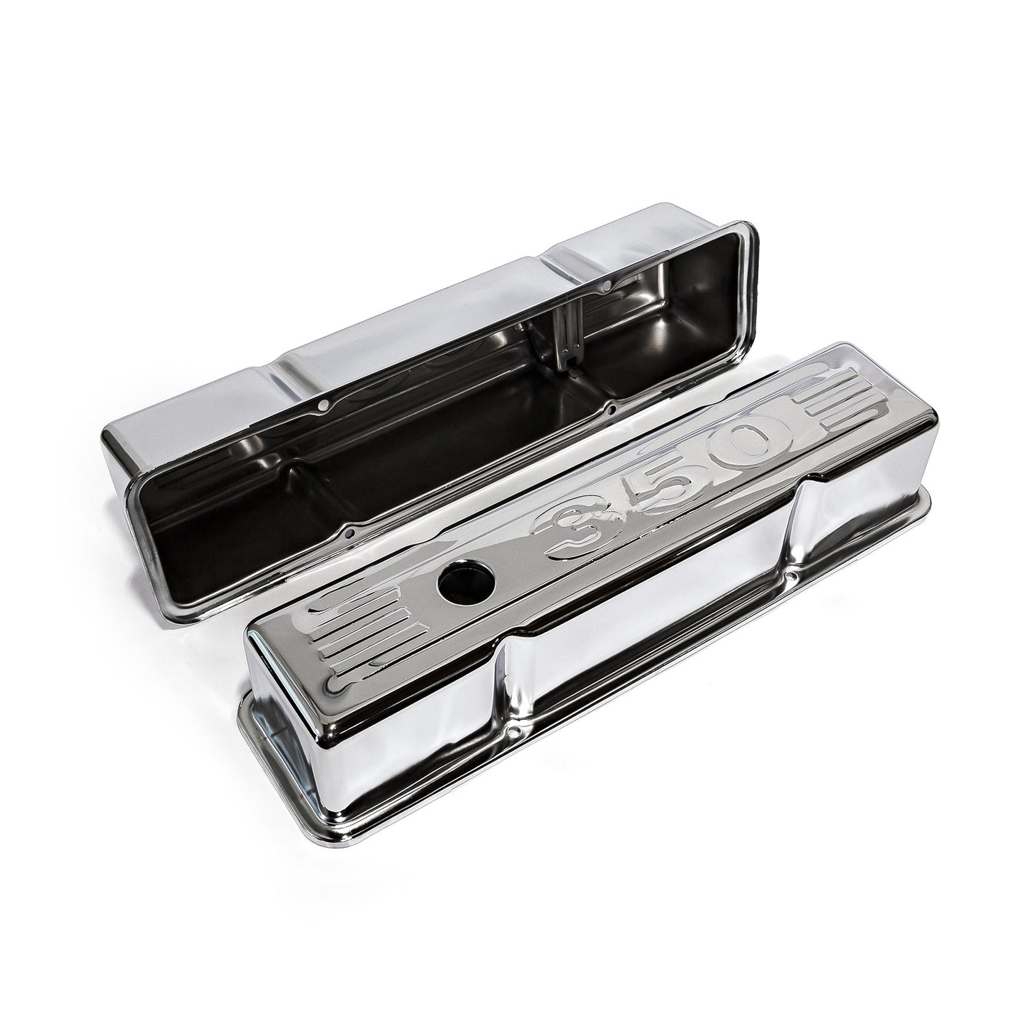 Chevy SBC 350 Chrome "350 Stamped" Steel Valve Covers - Tall w/ Baffled Hole