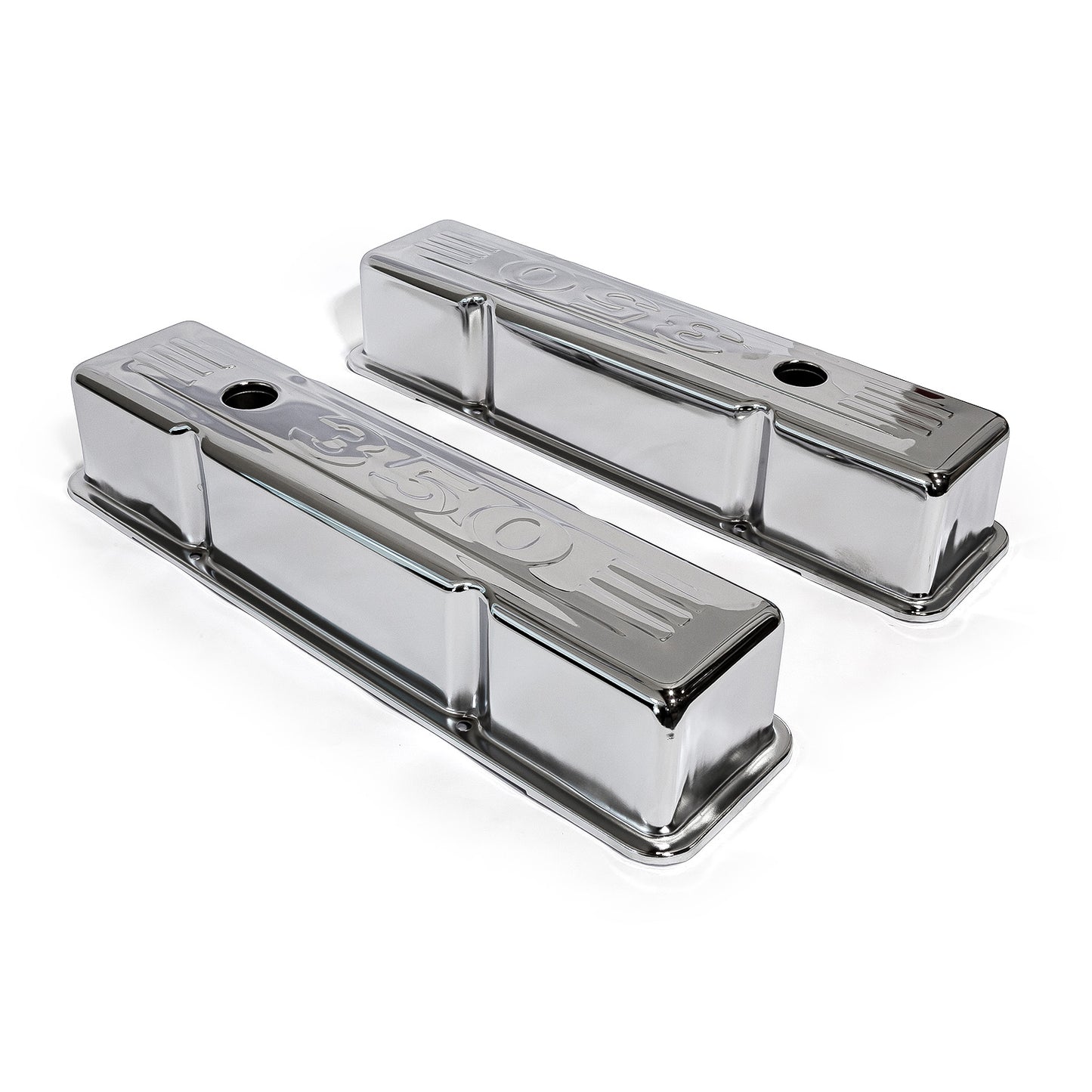 Chevy SBC 350 Chrome "350 Stamped" Steel Valve Covers - Tall w/ Baffled Hole