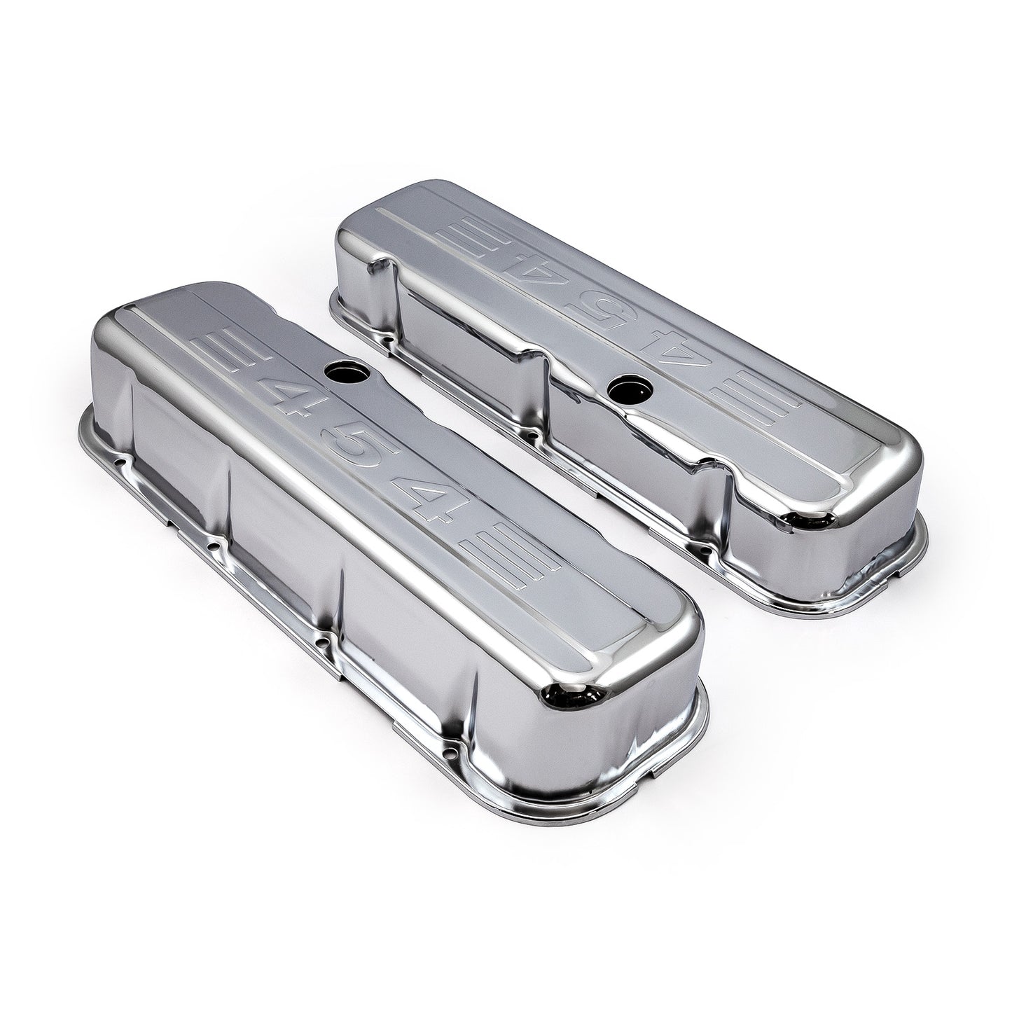 Tapas de válvulas de acero cromado "454 Stamped" para Chevy BBC 454 - Altas con orificio deflector