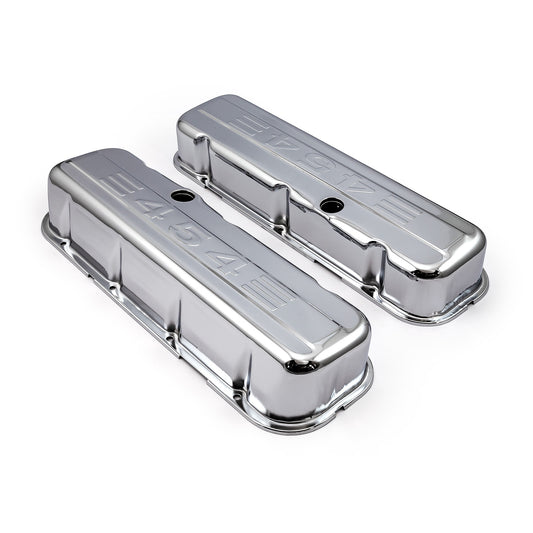 Chevy BBC 454 Chrome "454 Stamped" Steel Valve Covers - Tall w/ Baffled Hole