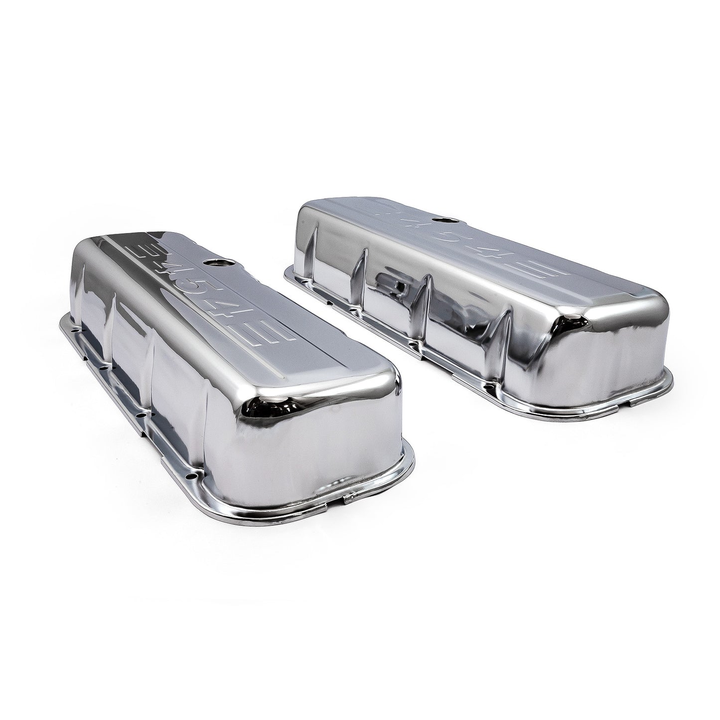 Chevy BBC 454 Chrome "454 Stamped" Steel Valve Covers - Tall w/ Baffled Hole