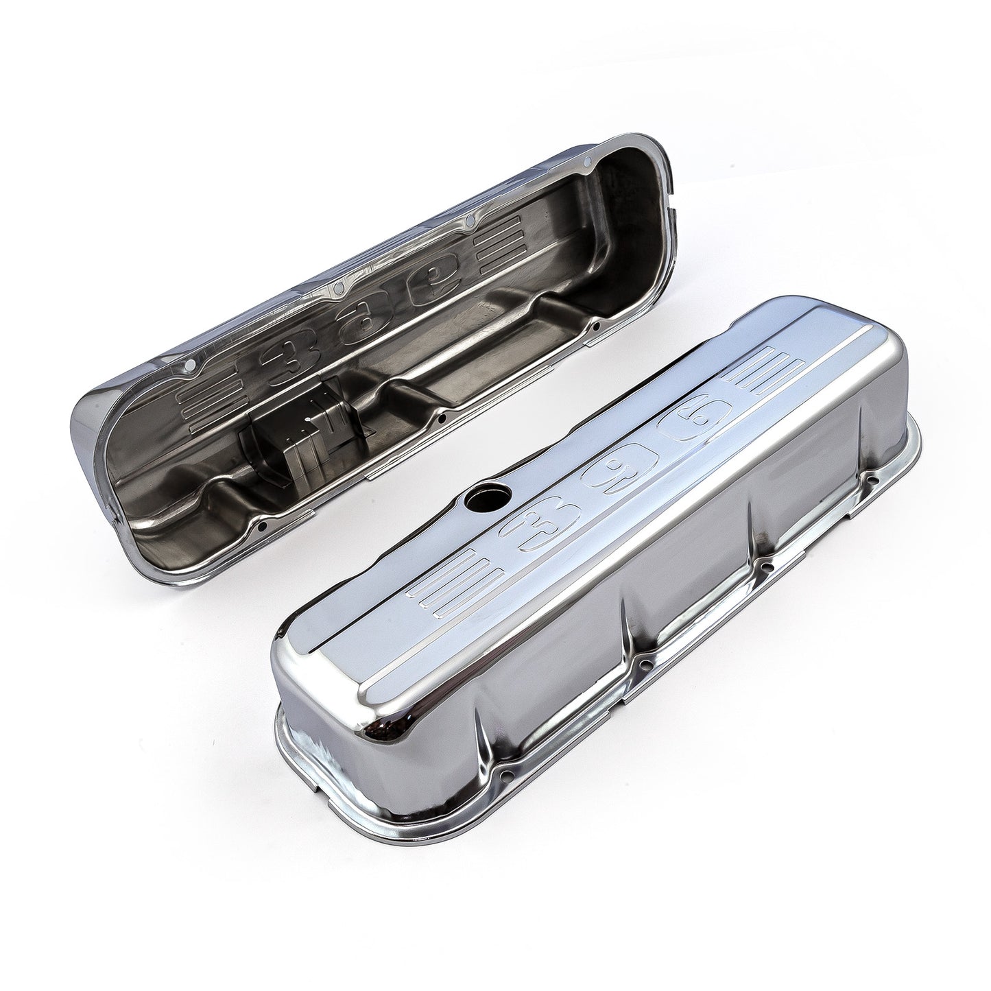 Chevy BBC 454 Chrome "396 Stamped" Steel Valve Covers - Tall w/ Baffled Hole