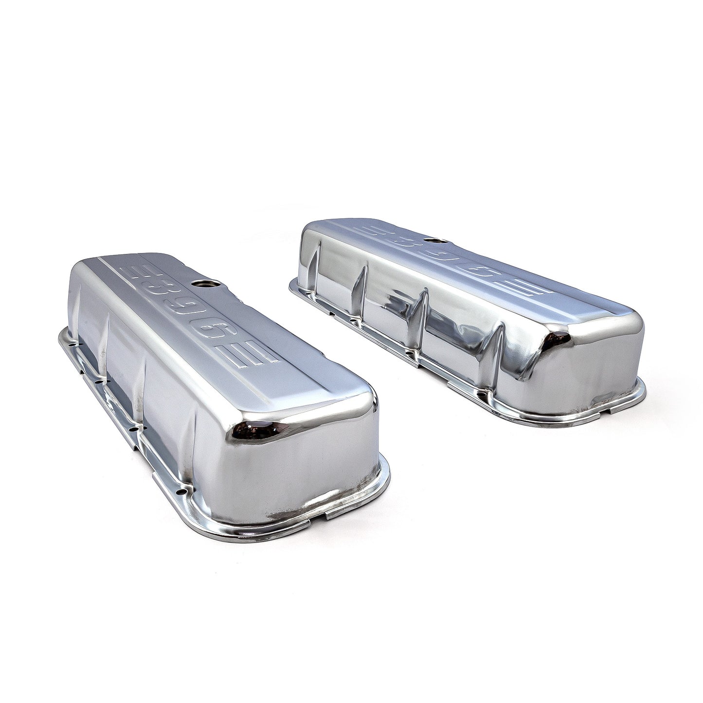 Chevy BBC 454 Chrome "396 Stamped" Steel Valve Covers - Tall w/ Baffled Hole