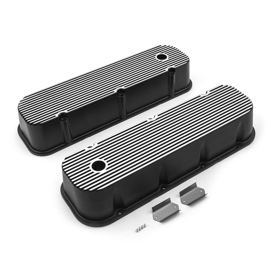 Chevy BBC 454 Black Finned Aluminum Valve Covers - Tall w/ Hole