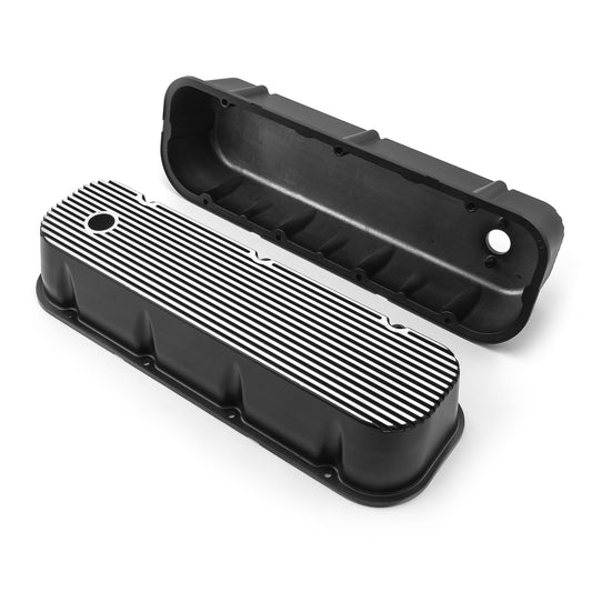 Chevy BBC 454 Black Finned Aluminum Valve Covers - Tall w/ Hole