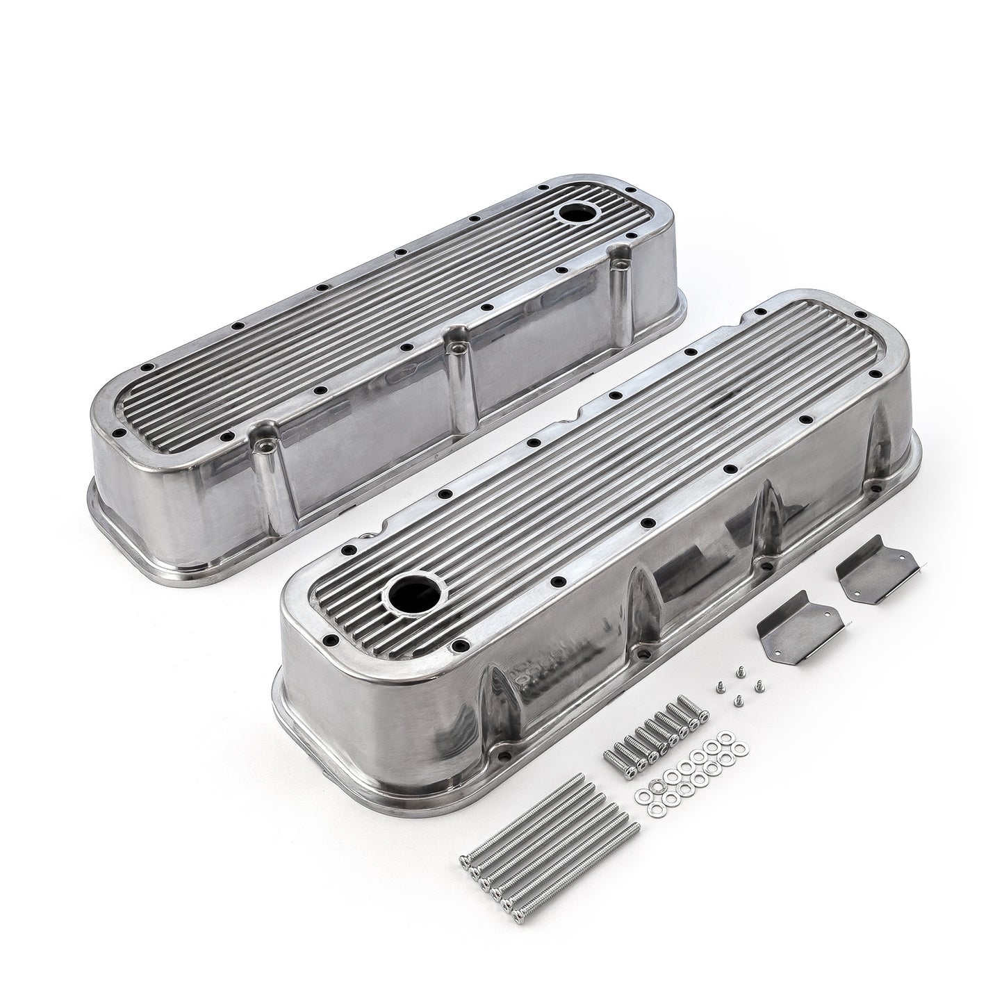 Tapas de válvulas de aluminio acanalado pulido para Chevy BBC 454 (altas, con orificio)