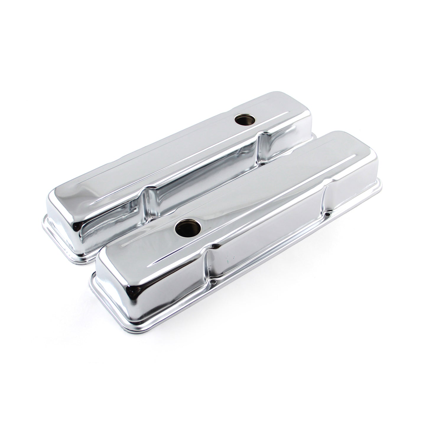 Chevy SBC 350 Chrome Steel Valve Covers - Short w/ Baffled Hole