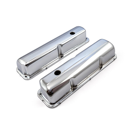 Ford FE 390 427 428 Chrome Steel Valve Covers - 3 7/8" Tall w/ Baffled Hole