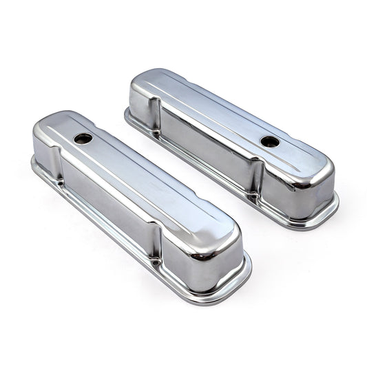 Pontiac 326 400 455 Chrome Steel Valve Covers - 3 1/2" Tall w/ Baffled Hole