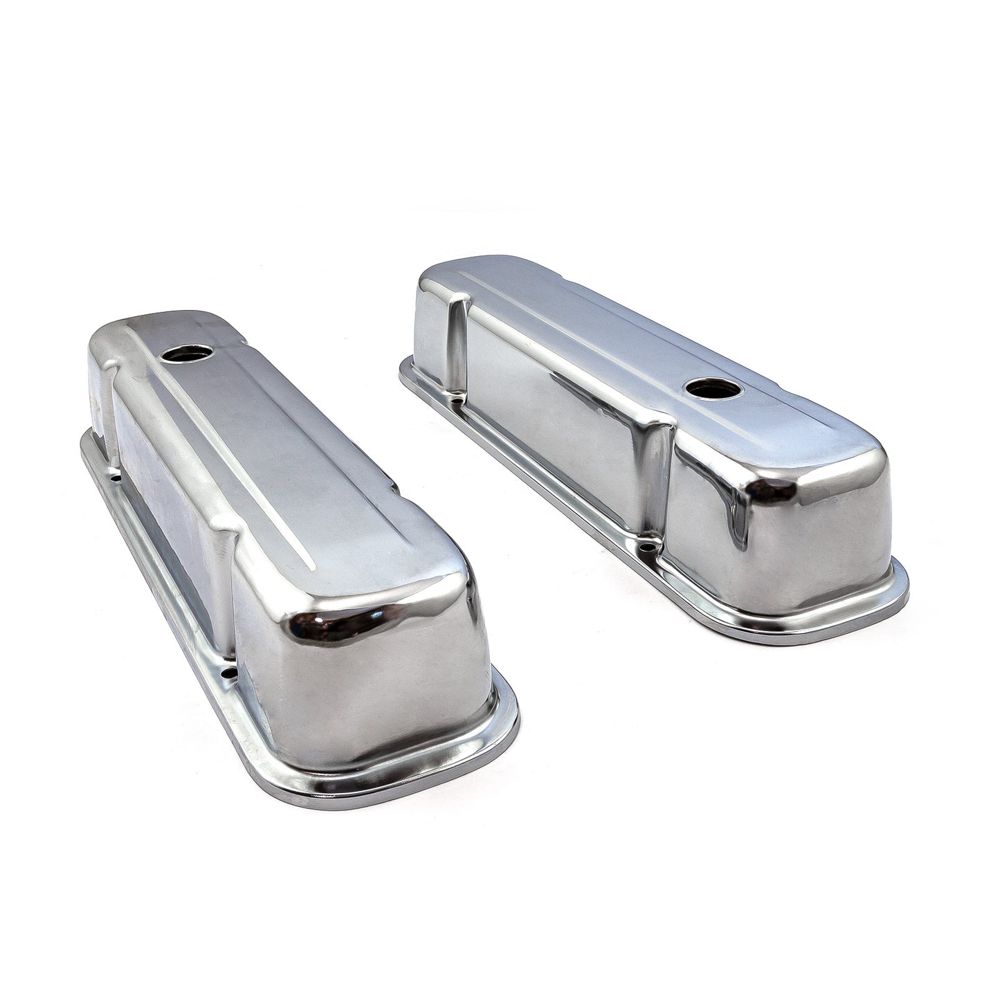 Pontiac 326 400 455 Chrome Steel Valve Covers - 3 1/2" Tall w/ Baffled Hole