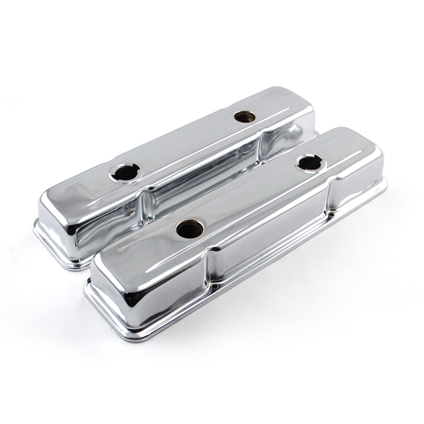 Chevy SBC 350 Chrome Steel Valve Covers - Short w/ 4 x Baffled Holes