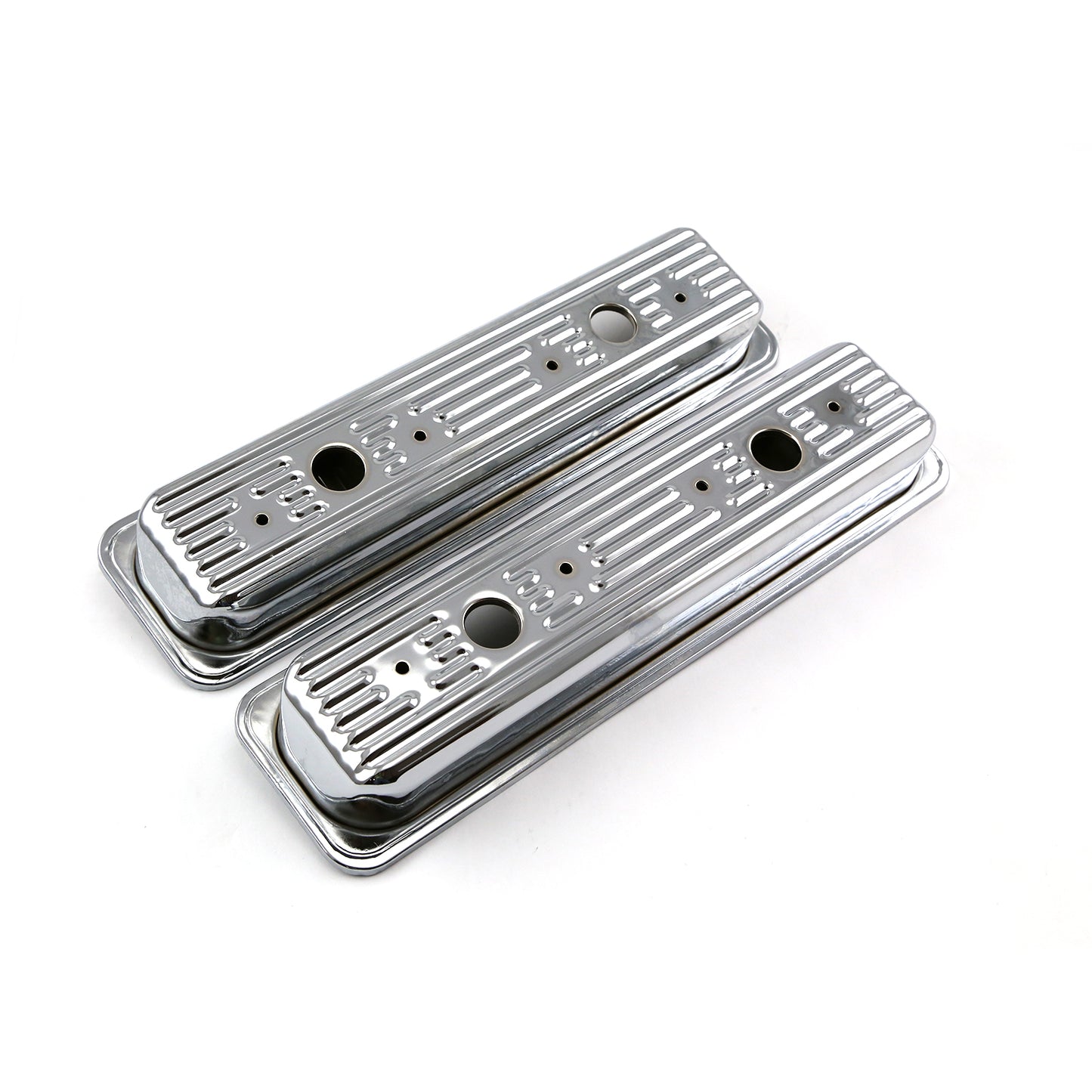 Chevy SBC 350 Center Bolt Chrome Steel Valve Covers - Short w/ 2 x Hole