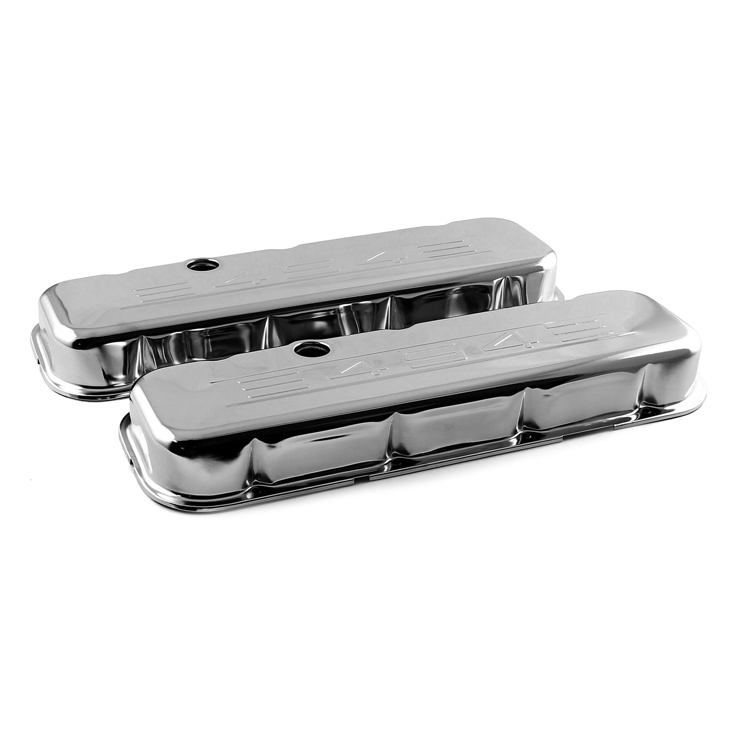Chevy BBC 454 Chrome "454 Stamped" Steel Valve Covers - Short w/ Baffled Hole