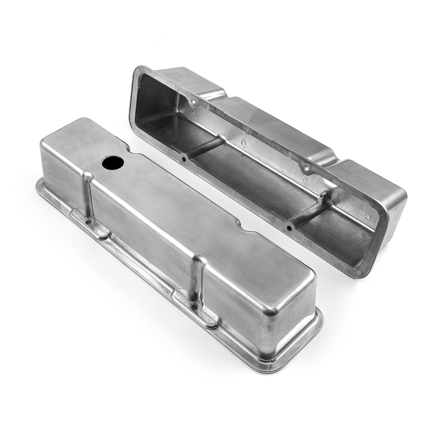 Tapas de válvulas lisas de aluminio pulido para Chevy SBC 350 - Altas con orificio