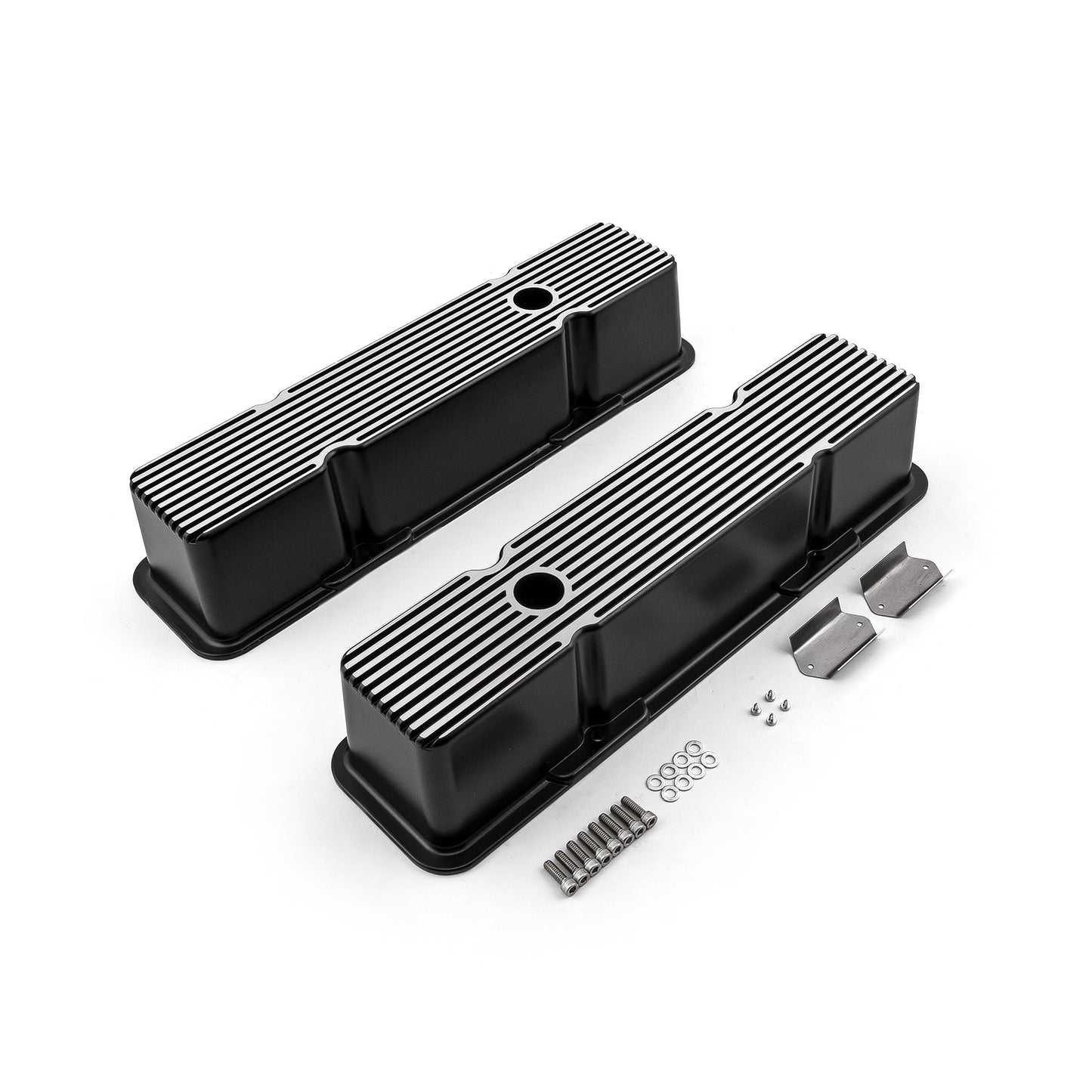 Tapas de válvulas acanaladas de aluminio negro para Chevy SBC 350, altas y con orificio