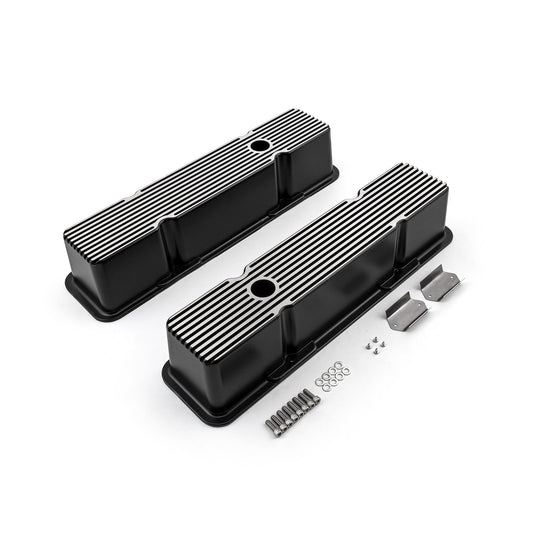 Tapas de válvulas acanaladas de aluminio negro para Chevy SBC 350, altas y con orificio