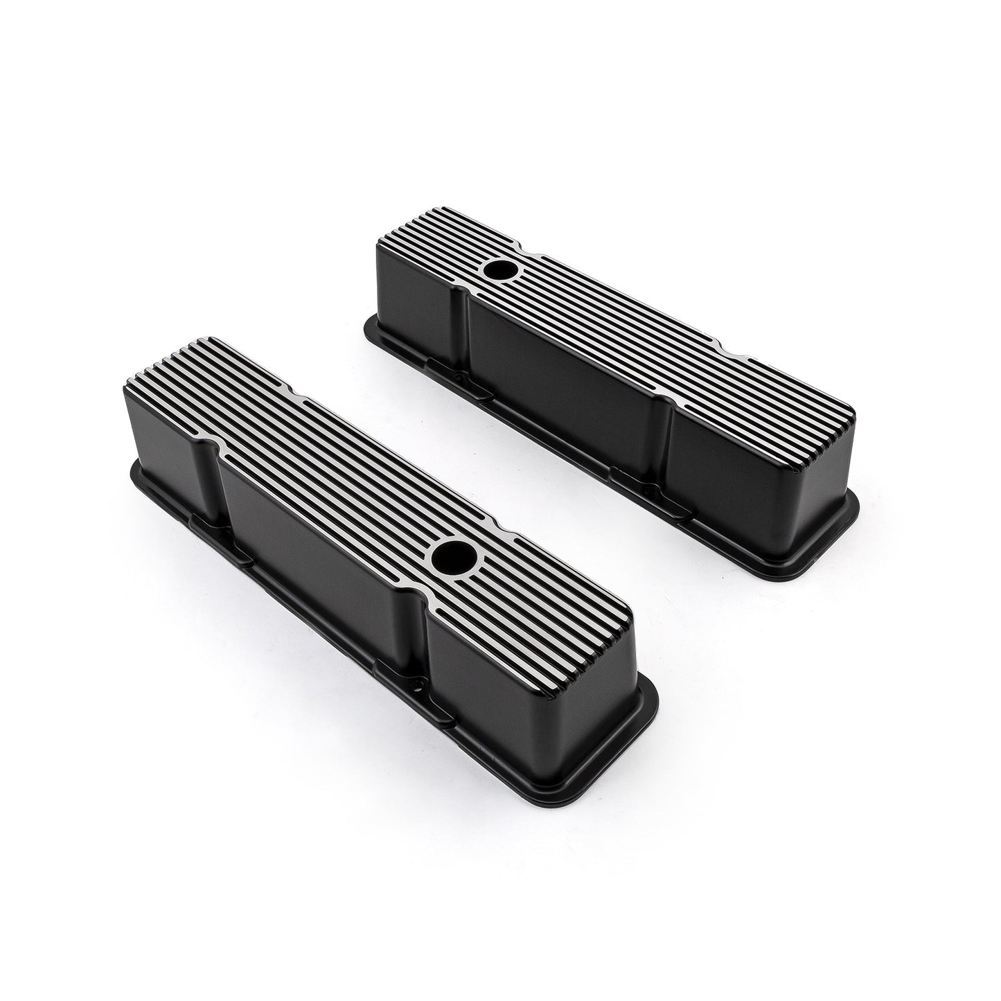 Tapas de válvulas acanaladas de aluminio negro para Chevy SBC 350, altas y con orificio