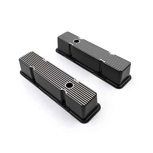 Tapas de válvulas acanaladas de aluminio negro para Chevy SBC 350, altas y con orificio