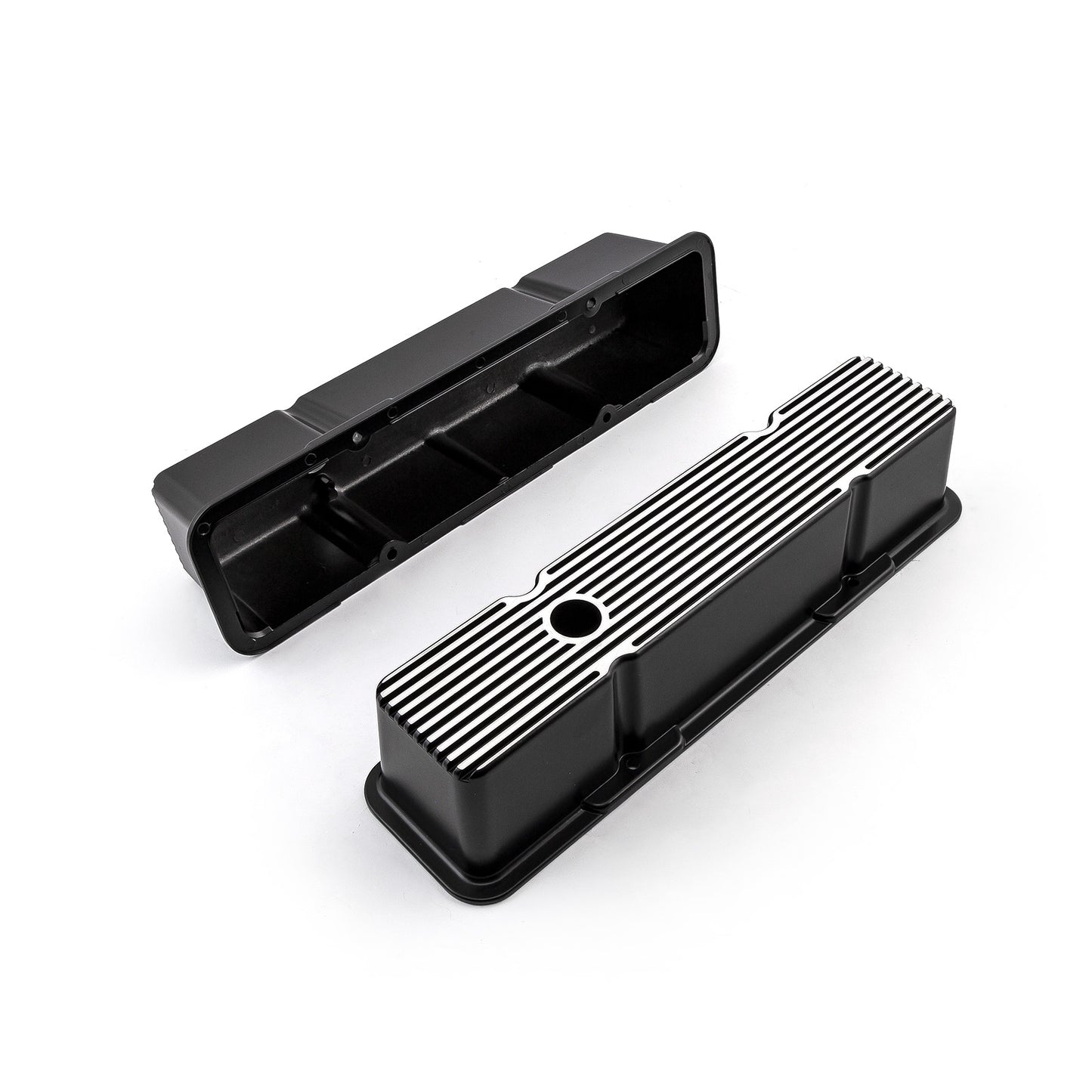 Tapas de válvulas acanaladas de aluminio negro para Chevy SBC 350, altas y con orificio