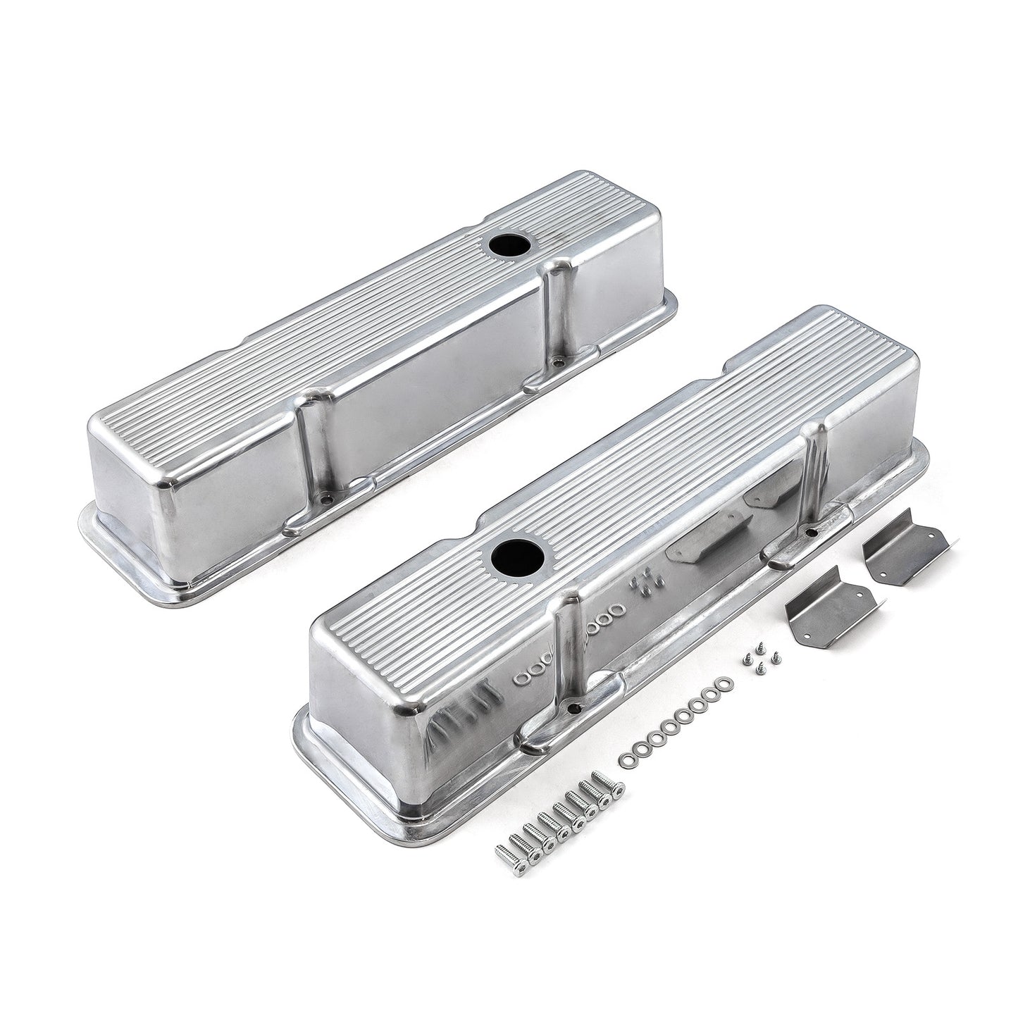 Tapas de válvulas de aluminio pulido fresado con bolas para Chevy SBC 350 - Altas con orificio
