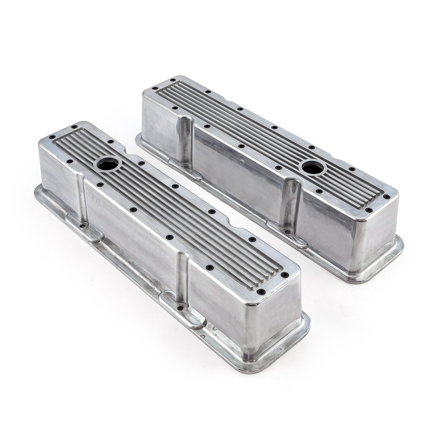 Tapas de válvulas de aluminio acanalado pulido para Chevy SBC 350 (altas, con orificio)