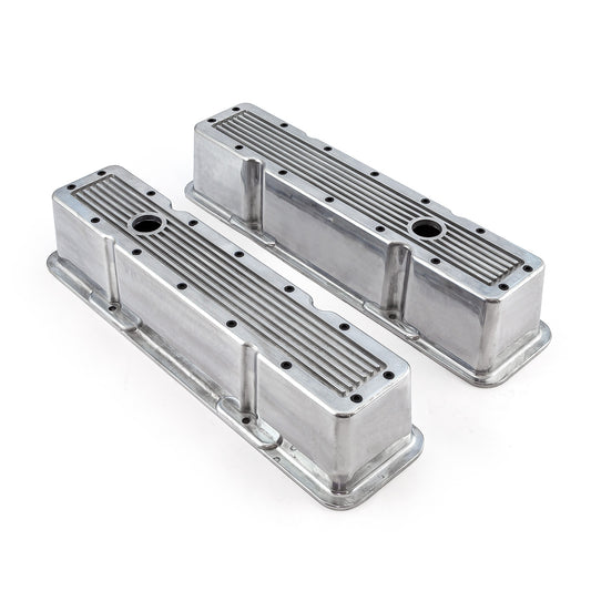Chevy SBC 350 Polished Ribbed Aluminum Valve Covers - Tall w/Hole