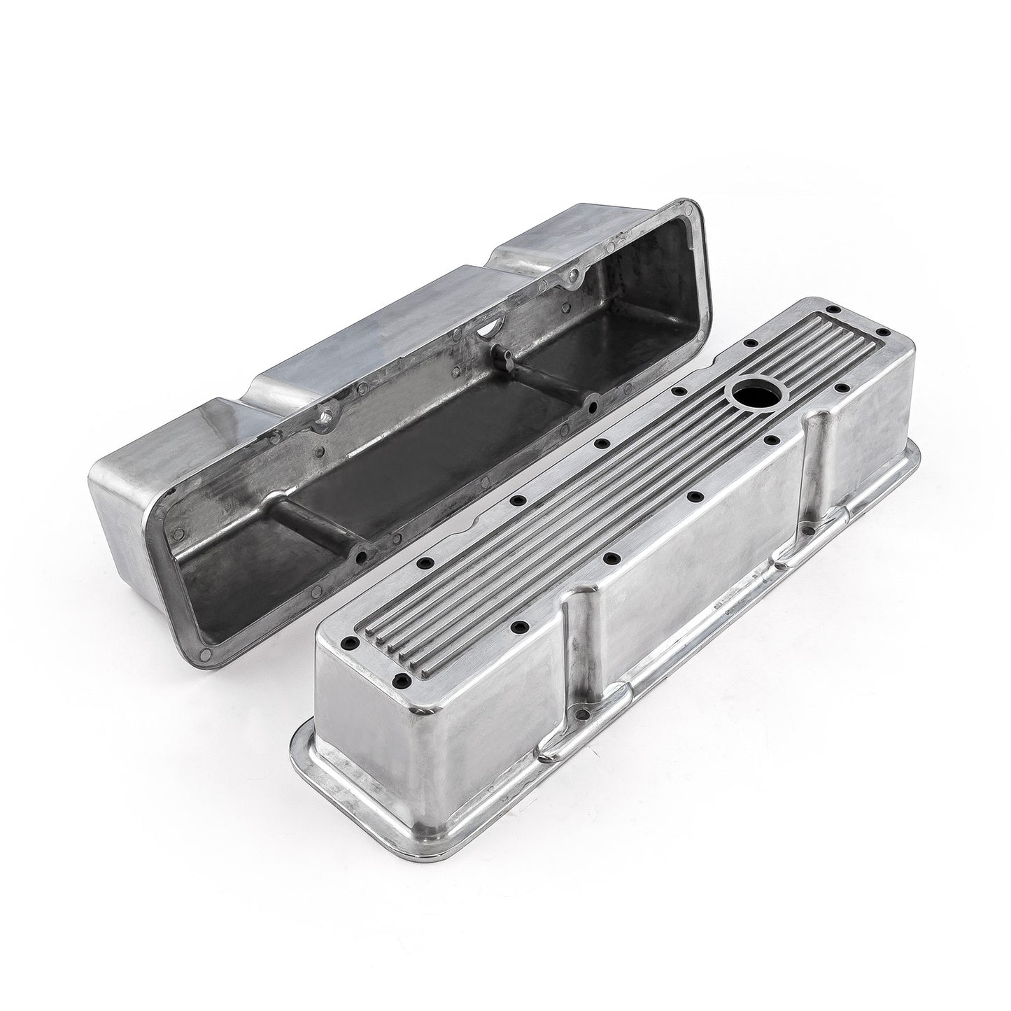 Tapas de válvulas de aluminio acanalado pulido para Chevy SBC 350 (altas, con orificio)