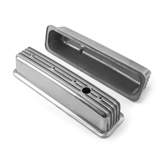 Chevy SBC 350 Center Bolt Nostalgic Finned Aluminum Valve Covers - Tall w/Hole